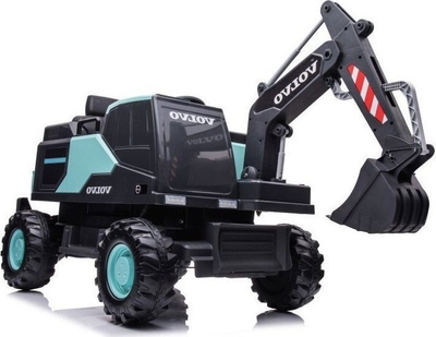 Eskavator elektrik për kalamaj Volvo, me goma të mëdhaja, me krah gërmimi që punon, i zi me jeshile