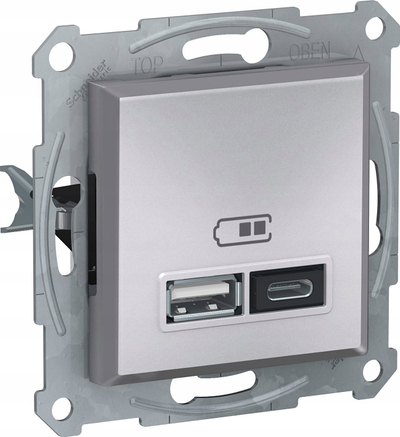Karikues muri USB Schneider Asfora EPH2700361, porta USB A+C, i argjendtë