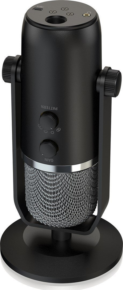USB микрофон Behringer 2020, кондензаторски студиски, со слушалки и Mute, црн