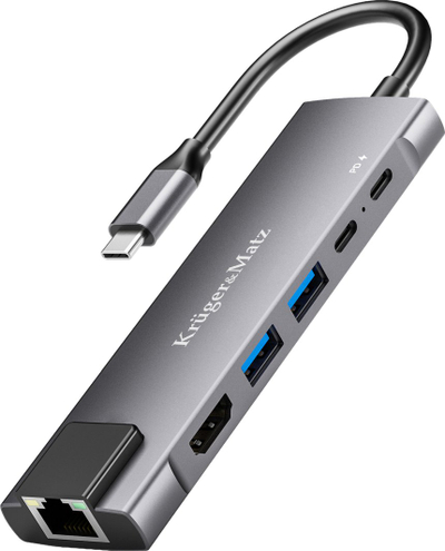 HUB USB Kruger&Matz KM0391.2, USB Type C në HDMI RJ45, 2x USB 3.0, gri