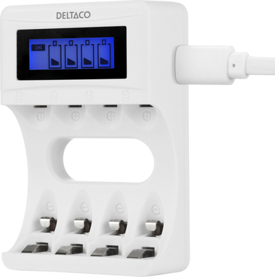 Karikues baterish DELTACO Ultimate Ni-MH, USB, 4x AAA përfshirë, i bardhë
