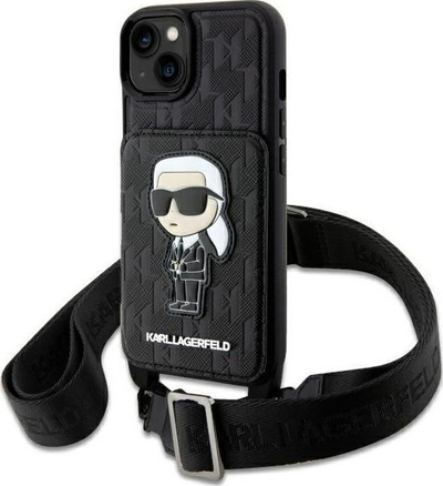 Mbulesë telefoni Karl Lagerfeld Crossbody Ikonik për iPhone 14, lëkurë Saffiano, me rrip shpatulle, e zezë