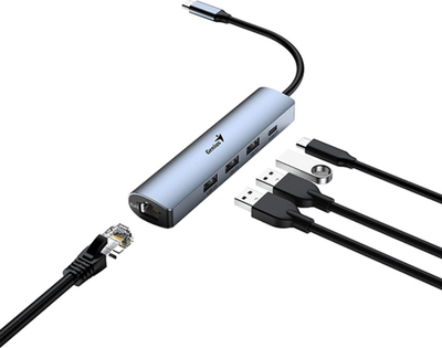 HUB USB Genius UH-545, 3x USB 3.0, RJ45, gri