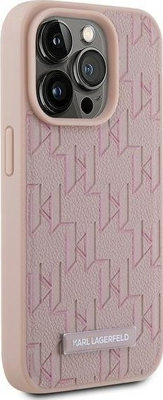 Mbrojtëse telefoni Karl Lagerfeld Monogram MagSafe për iPhone 15 Pro Max, lëkurë PU, rozë