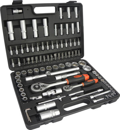 Set veglash Geko 10150, 94 copë, çelësa e koka, në kuti