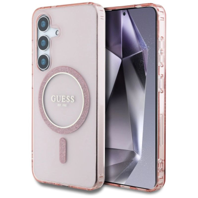 Futrollë Guess Glitter Circle Classic Logo MagSafe për Samsung Galaxy S25, rozë
