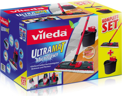 Set mop pastrimi Vileda Ultramat Complete, shkop dhe mop drejtkëndor, kovë me Power Press, gri e kuqe
