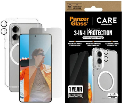 Set mbrojtës CARE by PanzerGlass Flagship 3 in 1, për Samsung Galaxy S25 Edge, xham privatësie, mbrojtës kamere, i tejdukshëm