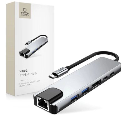 Адаптер USB C Tech-Protect HB02, хаб 6 во 1, HDMI 4K, RJ45, сиво сребрен