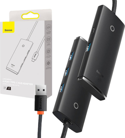 USB-C хаб Baseus Lite Series, 4 USB 3.0 порти, 25 cm, црн