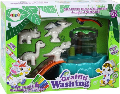 Set kreativ për me bo pikturë dinosaurësh Leantoys, 6 lapsa me ngjyra që lahen, lodra të bardha