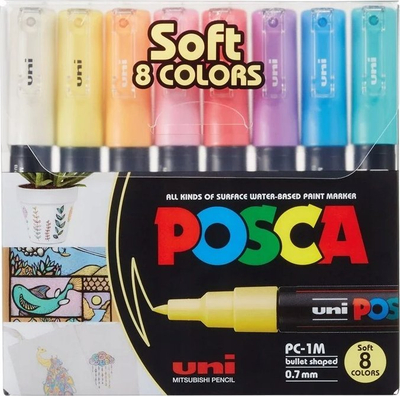 Set stilolapsa Posca PC1MC, majë ekstra e hollë, 8 copë, ngjyra pastel