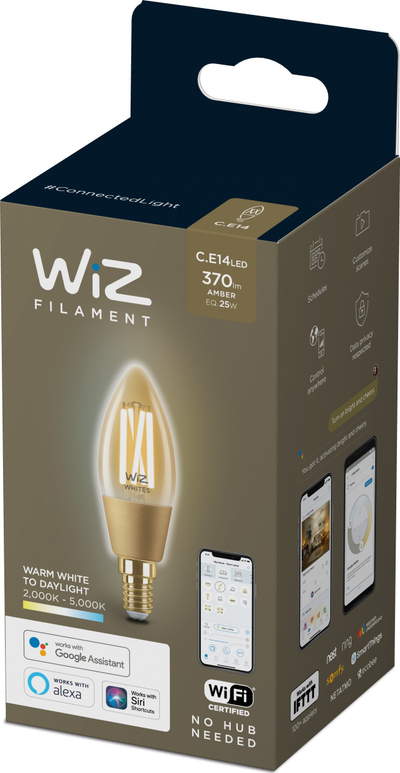 Llampë smart WiZ LED E14, 4.9W 25W, dritë e bardhë nga e ngrohtë në të ftohtë, transparente