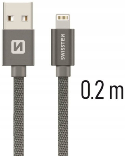 Kabllo Swissten Textile Lightning, 0.2m, USB A, gri