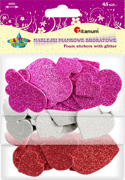 Ngjitëse dekorative shkumë Titanum Glitter Hearts, 45 copë, zemra, shumëngjyrëshe