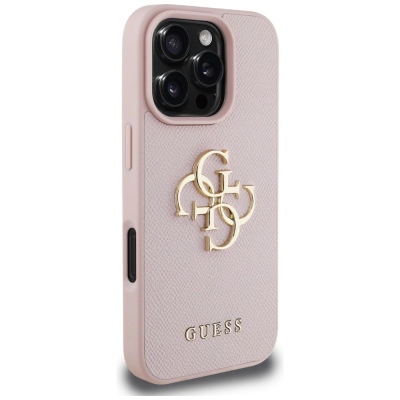 Kapak telefoni Guess Grained Big 4G Logo për iPhone 16 Pro, lëkurë eco, rozë