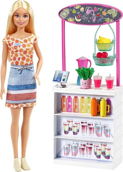 Set lodër Barbie Smoothie Bar, me kukull bionde, me aksesorë shumëngjyrësh