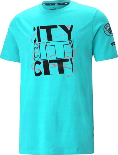 Bluzë Manchester City Puma FtblCore Graphic, pamje zyrtare tifozësh, me print CITY, blu