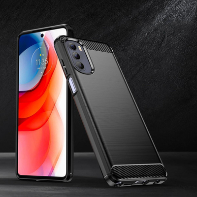 Maskë mbrojtëse Hurtel Carbon Case për Motorola Moto G Stylus 2022, TPU i butë, me skaje të ngritura, ngjyrë e zezë