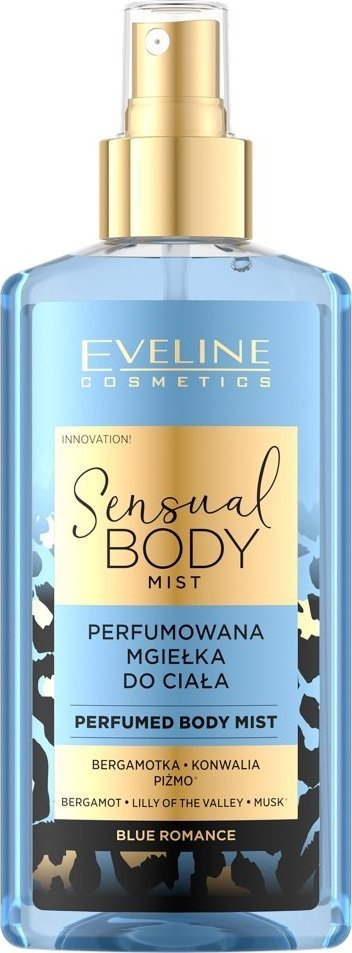 Mjegull trupore Eveline Cosmetics Sensual Body Mist Blue Romance, pa alkool, aromë frutore, blu