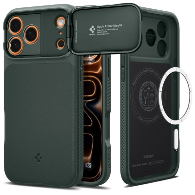 Mbulesë telefoni Spigen Optik Armor MagSafe për iPhone 17 Pro Max, me mbrojtje kamere, jeshile e errët