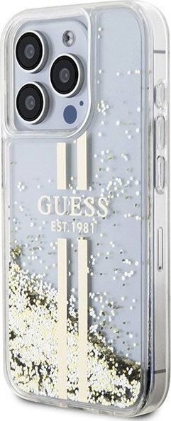 Mbrojtëse telefoni Guess Liquid Glitter Gold Stripes, për iPhone 15 Pro Max, hardcase, transparente