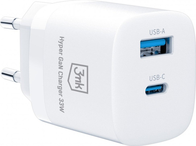 Karikues 3mk Hyper Charger 33W, 1x USB A, 1x USB C, i bardh