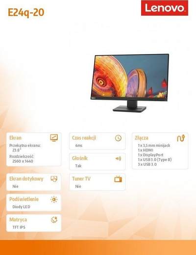  Monitor Lenovo ThinkVision E24q-20, 23.8", WQHD, i zi