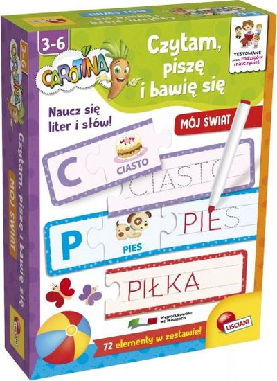 Едукативна игра Lisciani Carotina I Play I Read and I Write My World, за деца од 3 до 6 години, со бришлив маркер, во повеќе бои