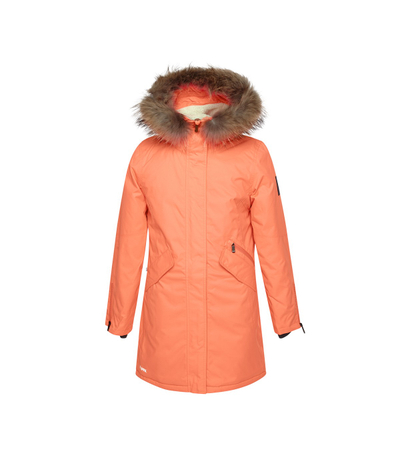Parka për gra Huppa Vivian, 200g, me kapuç me lesh natyral, ngjyrë koral neon