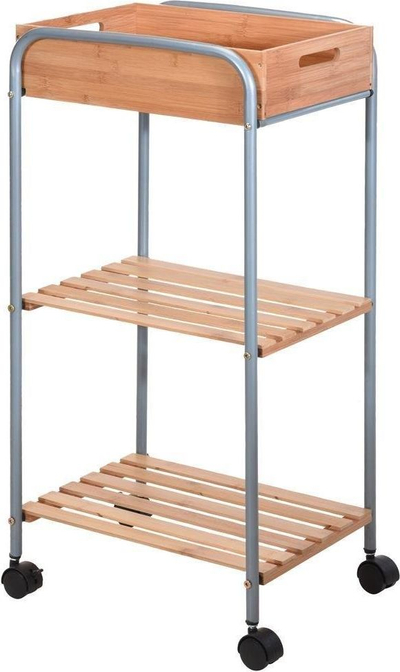 Karrocë për rregullim banjoje prej Bamboo, me 3 kate, me rrota, ngjyrë natyrale