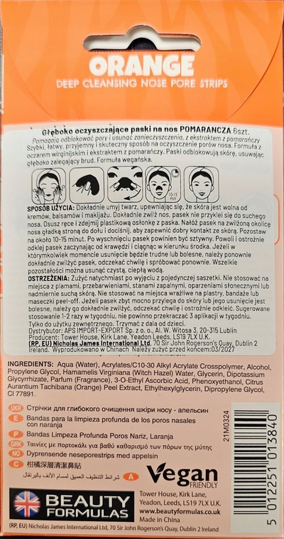 Shirita për pore hunde Beauty Formulas Orange Deep Cleansing, aroma portokalli, 6 copë