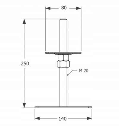 Bazë shtylle e rregullueshme M20, 80 x 140 x 250 x 3 mm, e galvanizume