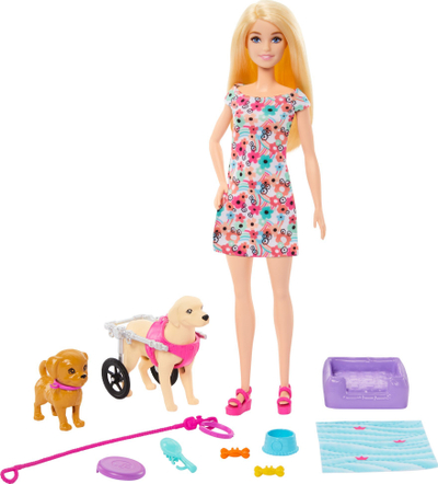 Set lodër Barbie Pup Playset, kukull me qenush dhe qen në karrocë, multingjyrëshe