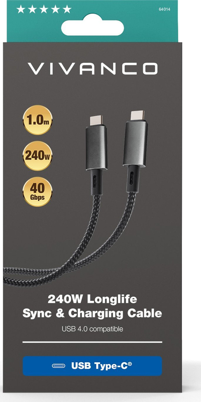Kabllo kariku LongLife USB C në USB C 240W, najlon i thur, e zezë