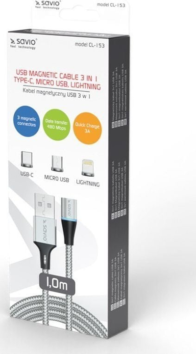 Kabllo magnetike USB Savio USB-A në USB-C microUSB Lightning, 1 m, 3A, argjend
