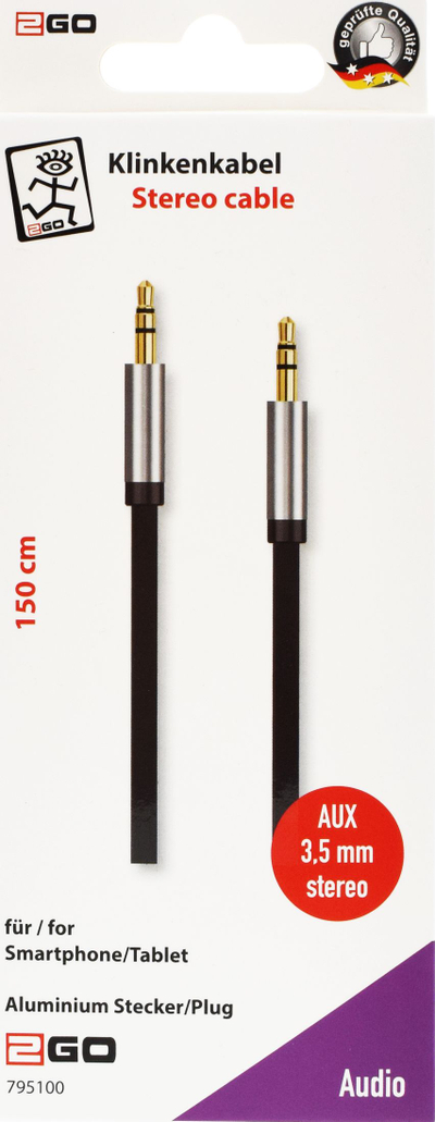 Kabllo audio 2GO 795100, 1.5 m, 3.5 mm stereo, e zezë me gri