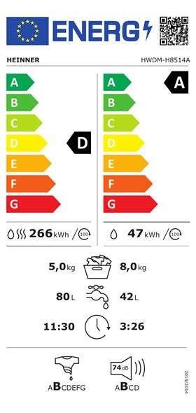 Lavatriçe tharëse Heinner HWDM-H8514A, 8/5kg, 1400rpm, e bardhë