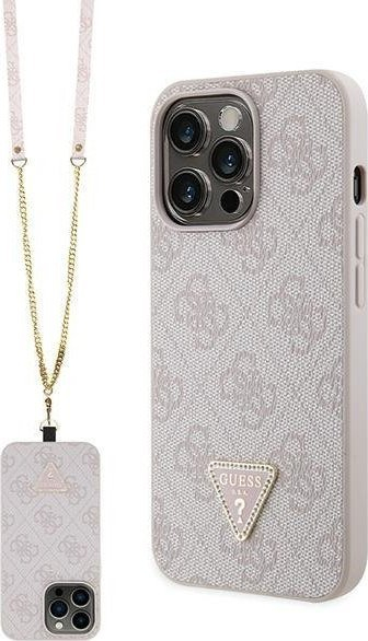 Mbulesë telefoni Guess Crossbody 4G Metal Logo GUHCP13LP4TDSCPP, për iPhone 13 13 Pro, kapak i fortë me rrip, rozë