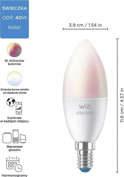 Llampë smart WiZ Candle C37, 4.9W, RGB 2200-6500K, E14, e bardhë