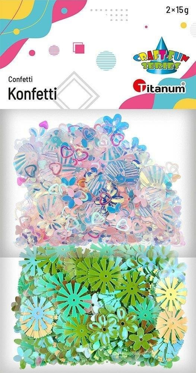 Konfeti zbukurimi Titanum Confetti Craft-Fun, set 2x15g, rozë edhe jeshile