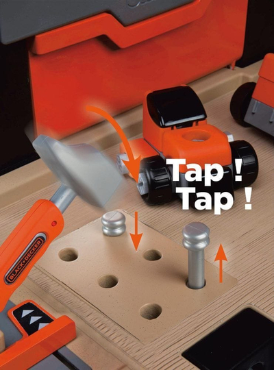 Tavolinë punëtorie lodër Smoby Black+Decker Bricolo Ultimate, me vegla, me tinguj, portokalli e zezë