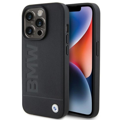 Kapak telefoni BMW MagSafe nga lëkurë për iPhone 15 Pro, me magnet MagSafe, i zi