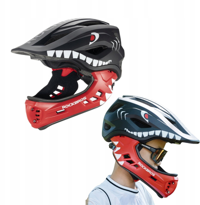 Helmetë biçiklete për kalamaj Rockbros TT-32006 Shark, masa S 48-52 cm, mjekër e heqme, e zezë