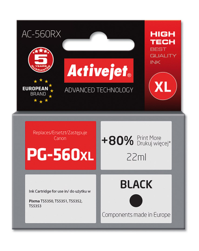 Ngjyrë për printer Activejet AC-560RX (zëvendësim për Canon PG-560XL), 22 ml, e zezë