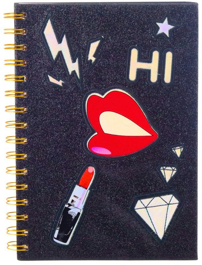 Fletore me vija Brunnen Patches Lips, A5, 80 faqe, e zezë me shkëlqim glitter