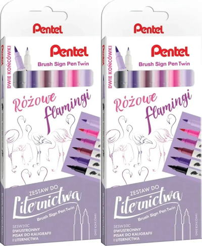 Сет четки пенкало Браш Сајн Твин Pentel, 6 парчиња, боја Пинк Фламингос