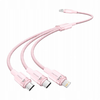 Кабел за полнење Vention 3‑во‑1, USB во USB C Lightning Micro USB, 1.5m, 3A, розова
