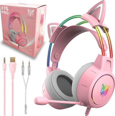 Kufje gaming ONIKUMA X15pro Cat Ear, me kabllo, me drita LED, rozë