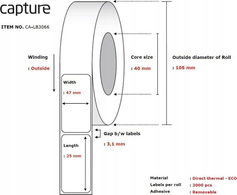 Rrotull letre termike Capture CA LB3066, për printer etiketa, e bardhë